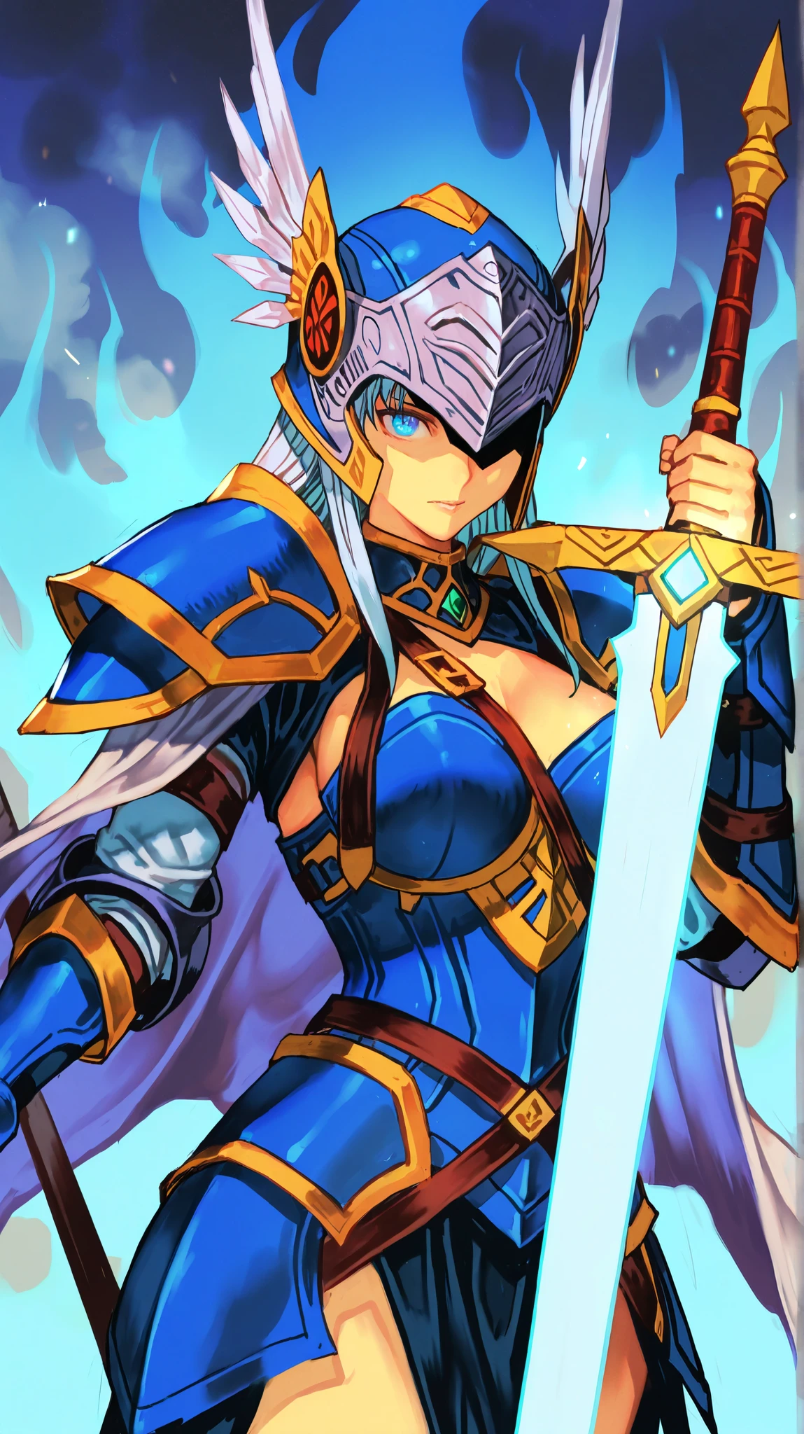 best quality, masterpiece, 1 girl, (silhouette lighting:1.2), (cowboy shot:1.3), smiling, LennethVP, braid, single braid, blue armor, armored dress, winged helmet, pauldrons, gauntlets, greaves, (skirtlift:1.3), medieval village, rural