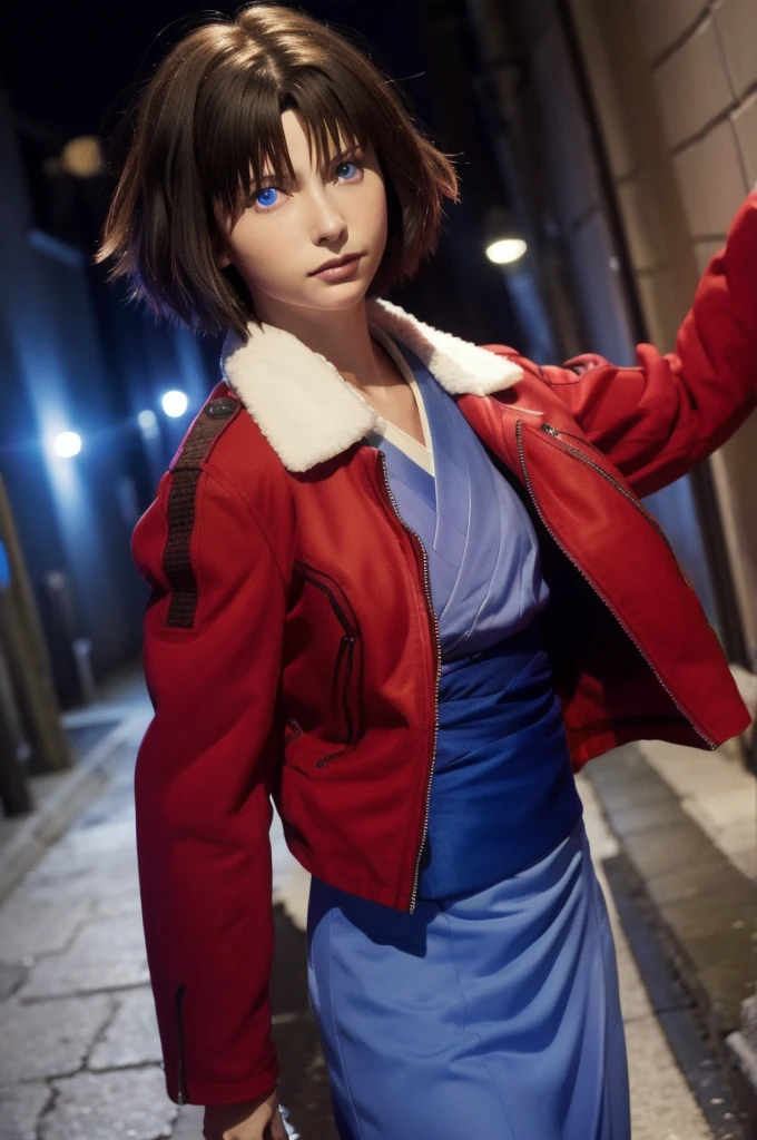 best quality, masterpiece,  highres icon, Alone, (dynamic angle), (cool), (hmshiki), Ryougi Shiki, (short hair, ahoge, red jacket, blue eyes, blue kimono, open clothes, fur trim), wield a knife at viewer, red moon,  Midnight Back Alley, portrait, perfect anatomy, perfect proportion, noise removal, full body shot, photorealistic