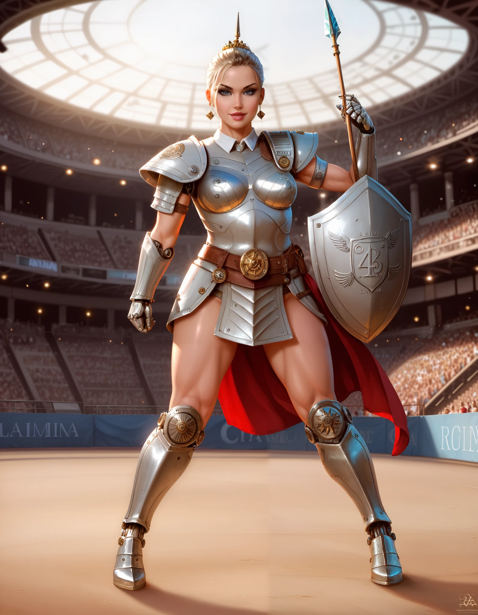 A female robot gladiator from the future, ancient Roman Colosseum, mechanical body, full body armor, metal thigh high pumped stiletto boots, (spear in right hand), (shield in left hand), fighting, best quality, 4k, 8k, highres, masterpiece:1.2, ultra-detailed, realistic, photorealistic, photo-realistic:1.37, HDR, UHD, studio lighting, ultra-fine painting, sharp focus, physically-based rendering, extreme detail description, professional, vivid colors, bokeh, concept art