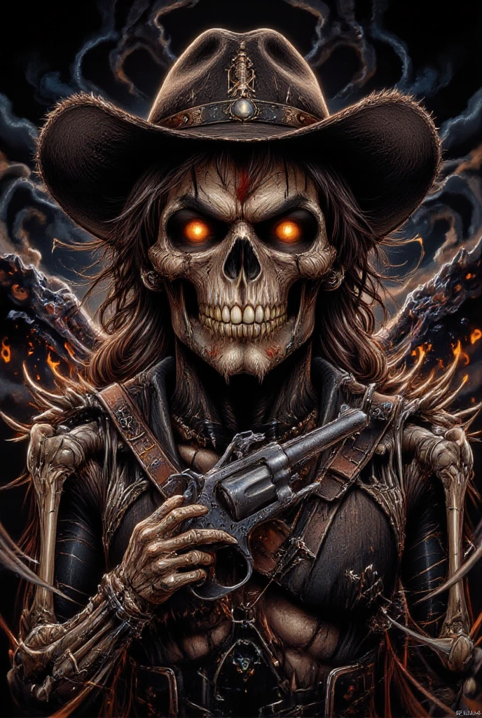 "A grim and dramatic death-metal poster-style illustration featuring a weathered skull with glowing, fiery eyes radiating an intense orange and red light. The skull wears a rugged, vintage cowboy hat tilted slightly forward, giving it a mysterious and dangerous aura. A worn guitar is strapped to its back, its edges jagged and menacing, with scratches and wear that tell a story of countless battles. The skull's skeletal hand grips a revolver, its metallic surface gleaming in the fiery glow. The background is dark and chaotic, with swirling smoke, abstract flames, and sharp, bold textures characteristic of heavy metal art. The scene oozes raw energy and rebellious spirit, with dramatic lighting and intricate details that command attention."