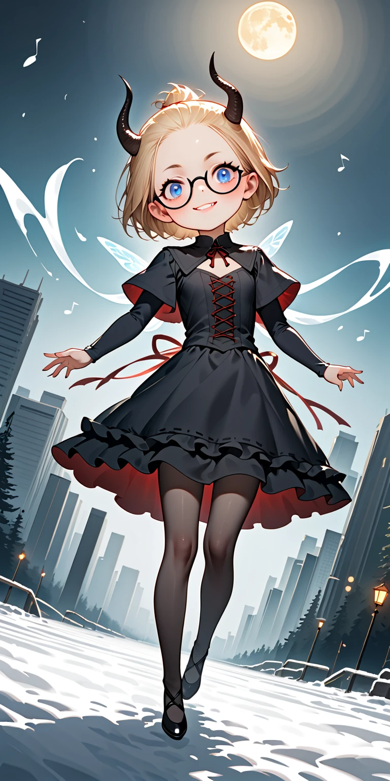 solo,1girl\(skinny,flat chest, short height,(shiny skin),short (Slicked back hair:1.3),Beautiful (blonde:1.3) hair,(cute ogre-horns),(blue eyes),detailed pupils,(black glasses\(nodoka, thick frame, square glasses\):1.3), (blue eyeshadow), thin eyebrows, thick black eyeliner, shiny eyes, long eyelash, cute, (upturned eyes:1.3), (short gothic-lolita dress\((tight:1.2),many ribbon \):1.5), (evil smile:1.2), (dancing),music notes, (flying in air:1.5),(body floating in air:1.4), full body, dynamic pose\). BREAK .background\((skull moon),(white ice fairy:1.3), (snow dropping:1.5)\),(cityscape:1.3),(dynamic angle:1.4),from below. BREAK .quality\(8k,wallpaper of extremely detailed CG unit, high resolution, top-quality, top-quality real texture skin, hyper realistic, increase the resolution, RAW photos, best quality, highly detailed, the wallpaper, golden ratio, high saturation realism, vibrant colors, dramatic lighting, persuasive storytelling, atmospheric scenery, captivating visuals, intricate details, strong emotions, dreamlike world\),longshot,wide-shot,fisheye-lens