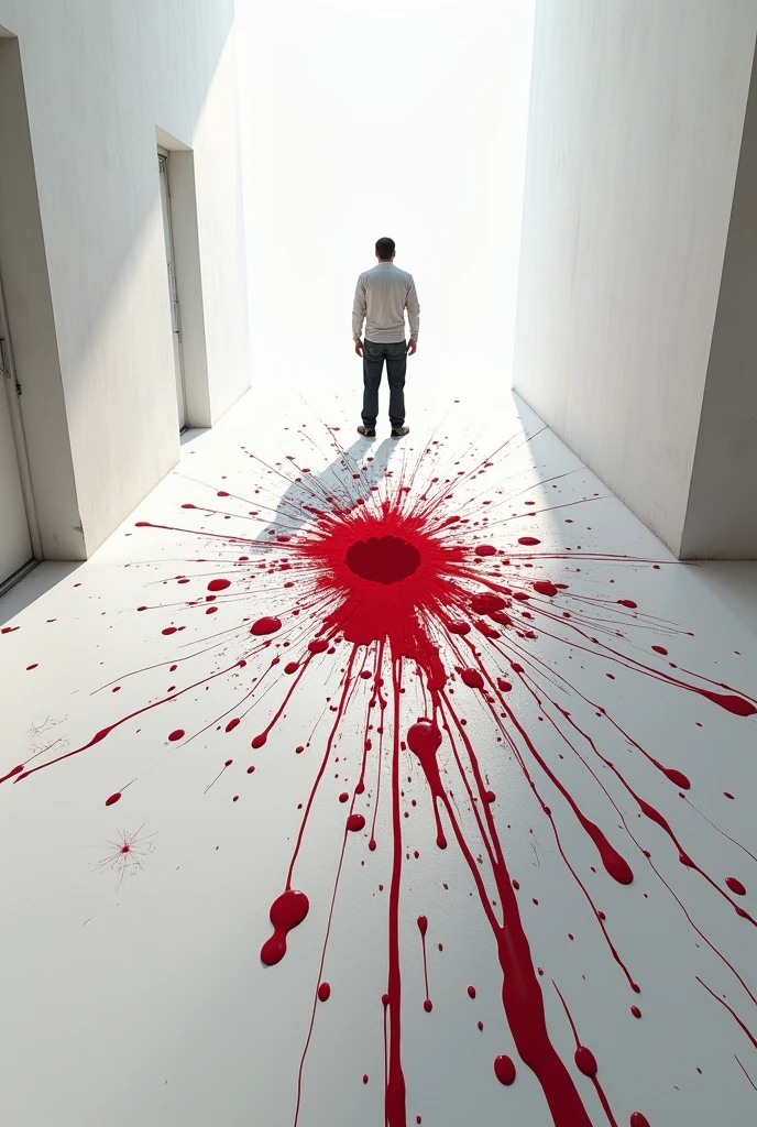 White floor stained with blood with a completely open and mutilated corpse