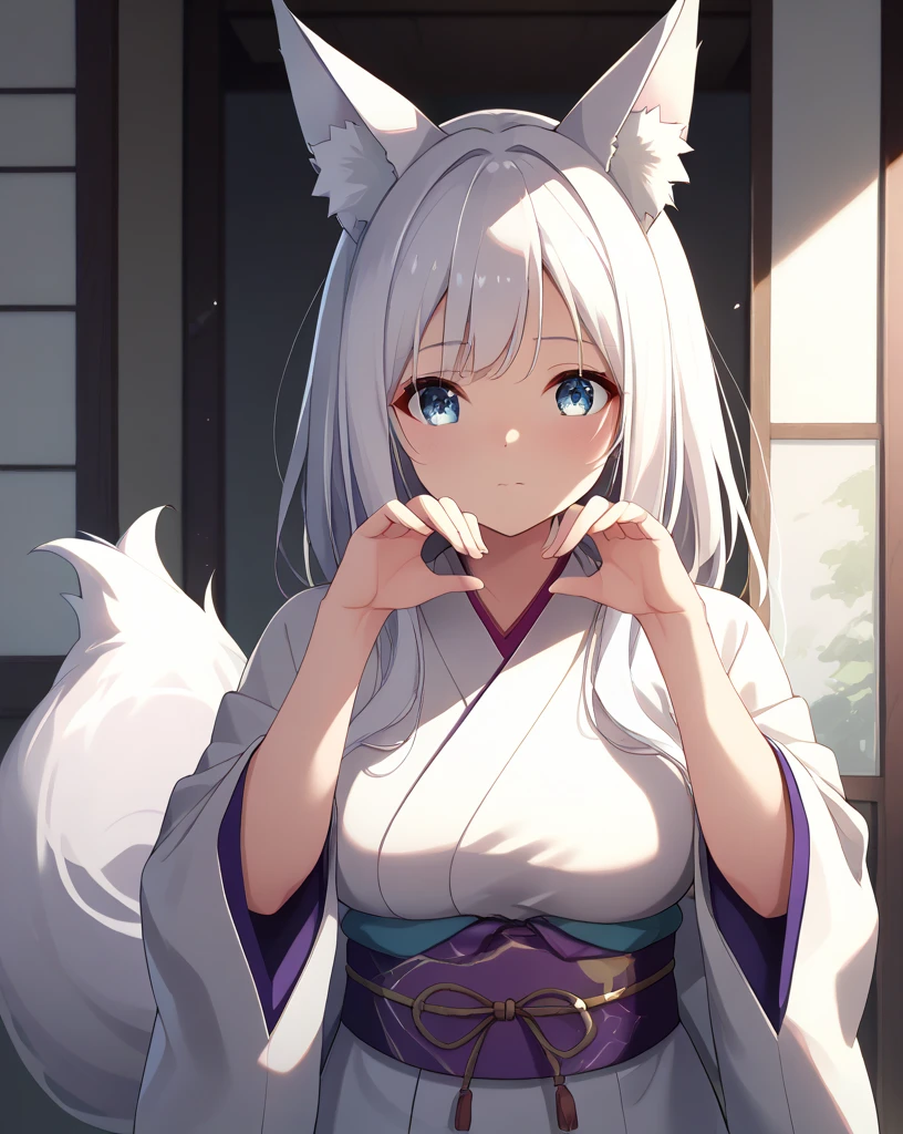 kimono、Oiran、 long hair、White hair、fox tail、Fox ears、白色のkimono、 big boobs 、 Fascinating 、kyuubi、九つのfox tail、white tail、 White Eared 、 light blue eyes , pregnancy,cute pose