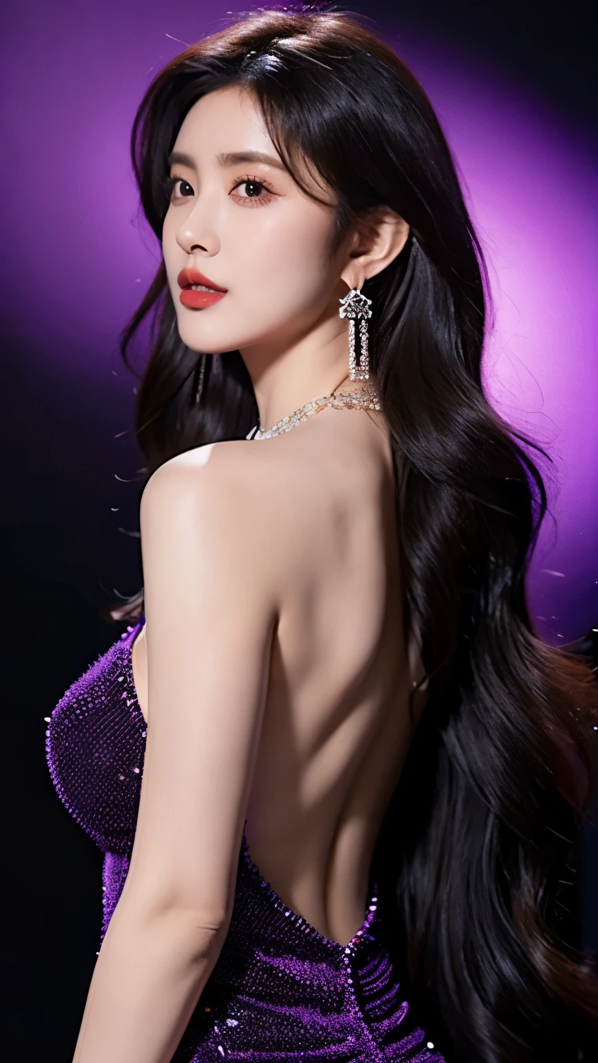 Ultra HD resolution,earrings,Long hair,Black background,Purple backless dress,necklace,H Cup,Showing cleavage,Show more breasts,Amazing breast size,nipple,Expose the areola,Breast enlargement,Smooth and beautiful back,Completely bare back,Cool white skin,Big buttocks,Messy hair,Messy hair,Ruddy complexion,sweater