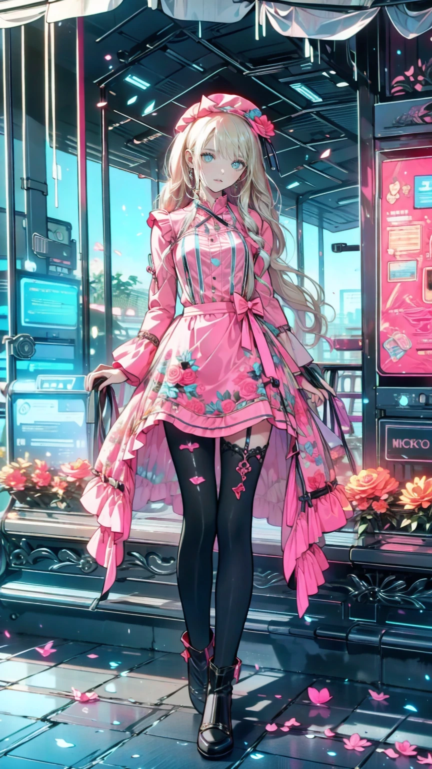 ( masterpiece : 1.2), (  very detailed: 1.2), (  very detailed CG: 1.2), (  high image quality: 1.2), (最  high image quality), 8k,  animated illustration  , 、  beautiful girl 、とても  cute天使、  pink gothic dress 、  cute、*********、smile、  long skirt、  Black Long Boots  、  grey pink pants ，Turquoise Eye，  cute女性 *****，street，  Candy Store  ， sign，European Buildings，slate paved  ，Rose flower，
