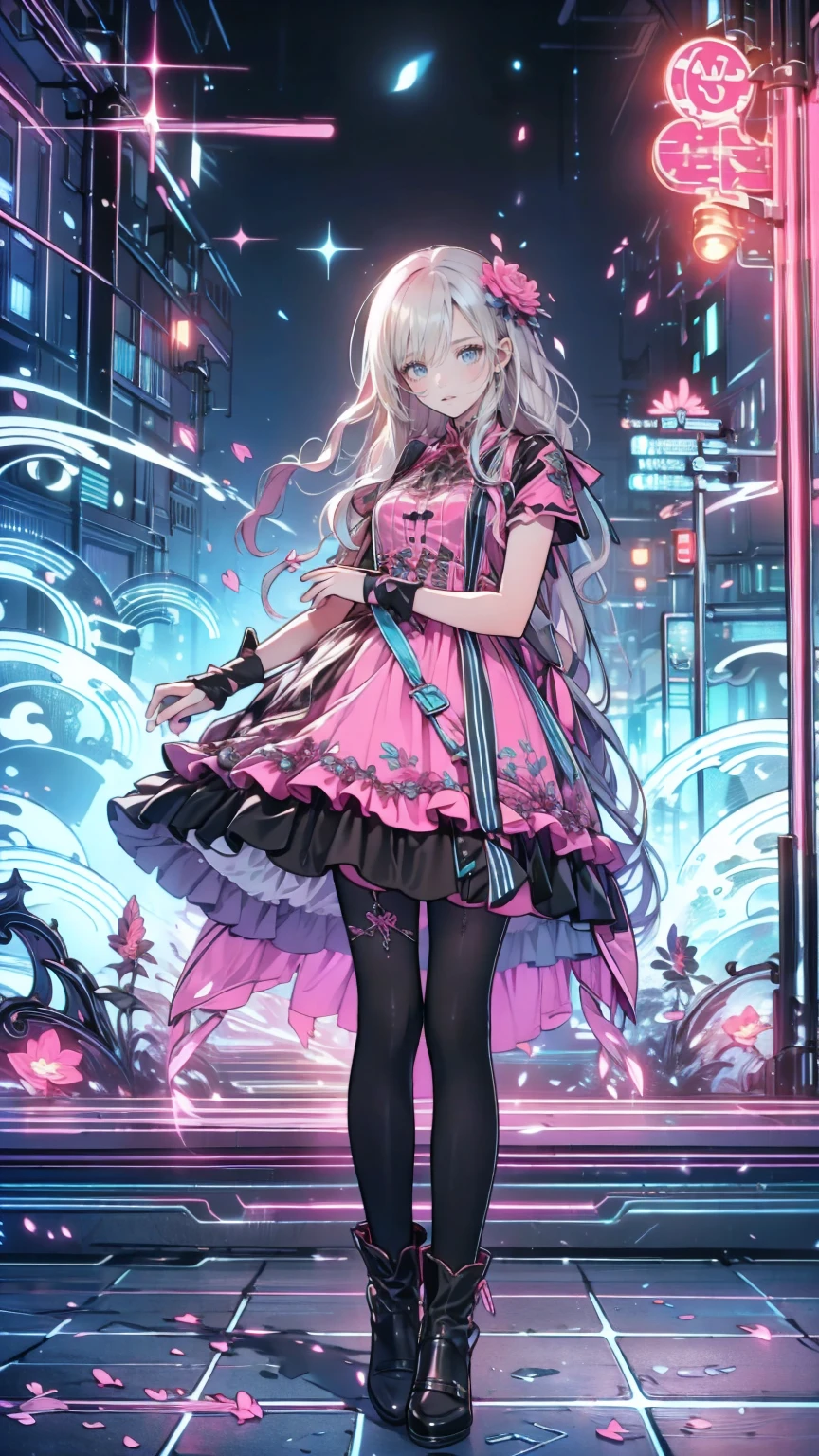 ( masterpiece : 1.2), (  very detailed: 1.2), (  very detailed CG: 1.2), (  high image quality: 1.2), (最  high image quality), 8k,  animated illustration  , 、  beautiful girl 、とても  cute天使、  pink gothic dress 、  cute、、smile、  long skirt、  Black Long Boots  、  grey pink pants ，Turquoise Eye，  cute女性 ，street，  Candy Store  ， sign，European Buildings，slate paved  ，Rose flower，
