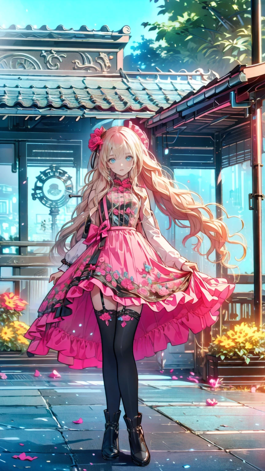 ( masterpiece : 1.2), (  very detailed: 1.2), (  very detailed CG: 1.2), (  high image quality: 1.2), (最  high image quality), 8k,  animated illustration  , 、  beautiful girl 、とても  cute天使、  pink gothic dress 、  cute、baby face、smile、  long skirt、  Black Long Boots  、  grey pink pants ，Turquoise Eye，  cute女性 *****，street，  Candy Store  ， sign，European Buildings，slate paved  ，Rose flower，
