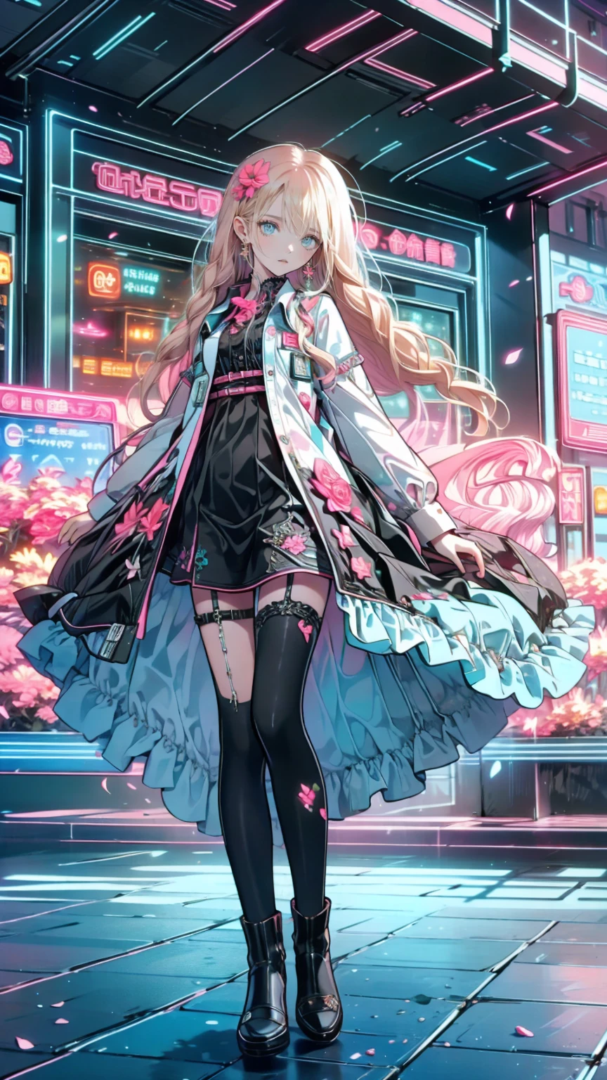 ( masterpiece : 1.2), (  very detailed: 1.2), (  very detailed CG: 1.2), (  high image quality: 1.2), (最  high image quality), 8k,  animated illustration  , 、  beautiful girl 、とても  cute天使、  pink gothic dress 、  cute、*********、smile、  long skirt、  Black Long Boots  、  grey pink pants ，Turquoise Eye，  cute女性 *****，street，  Candy Store  ， sign，European Buildings，slate paved  ，Rose flower，
