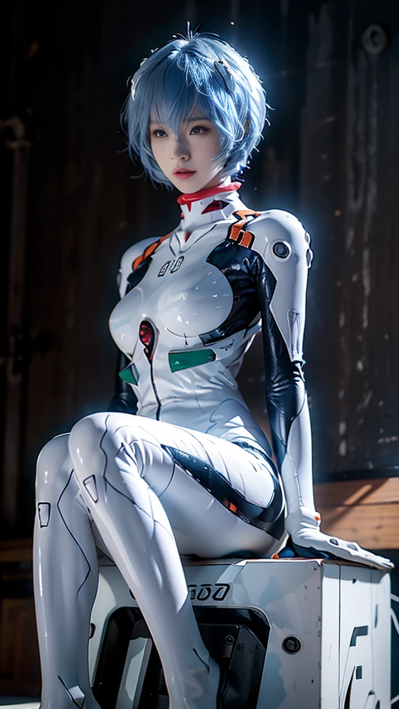 (8k,  RAW photos ,  top quality ,  refined details , masterpiece: 1.2), ( High Resolution 8K Wallpaper ),  Sharp Focus,   Professional Writing ,  depth of field ,  cinematic lighting,  background blur , Evangelion Rei Ayanami.  She's a Japanese woman with blue hair ,  red eyes, White plug suit.  features a cool look with her futuristic background and realistic style. Quiet sci-fi vibe , full body,