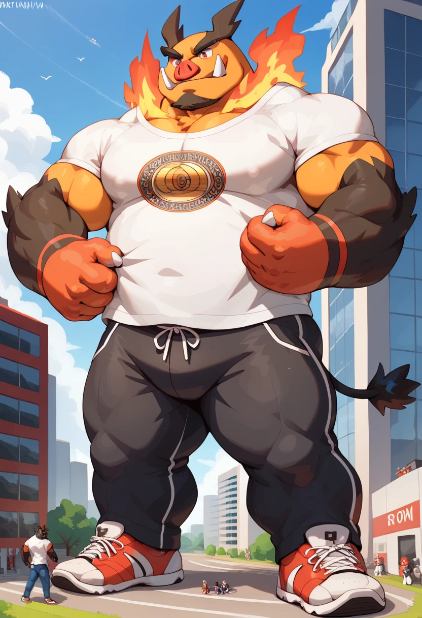 Scribble anthro Emboar face,furry(Emboar),chubby, muscular, big strong muscle,( black eyebrows :1.1),(perfect eyes), fur，alone,（artist:takemoto arashi),（jock:1.3）， standing, Sneakers，（ Black beard :1.3），（Civil :1.3, hoody, t-shirt, pants) Emboar (Massiv:3.0, ( heavyweight , strong,Macro, Emphasize, stands next to buildings,)), background (( university campus )), 