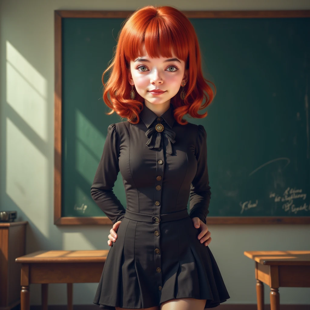 A highly detailed and ultra-detailed lineart anime-style medium shot of a girl with red hair, wearing a school uniform. She has a voluptuous body, grey eyes, black makeup, black lips, and blunt bangs. She is wearing a black shirt with a black tie, a long-sleeved blouse, and a black pleated skirt. She is also wearing stockings. The background is an indoor setting with a blackboard and a teacher's desk. The girl is smiling and posing in front of the blackboard. The lighting is professional.