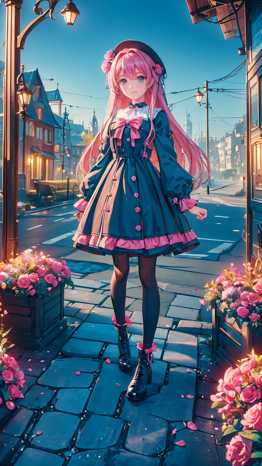 ( masterpiece : 1.2), (  very detailed: 1.2), (  very detailed CG: 1.2), (  high image quality: 1.2), (最  high image quality), 8k,  animated illustration  , 、  beautiful girl 、とても  cute天使、  pink gothic dress 、  cute、baby face、smile、  long skirt、  Black Long Boots  、  grey pink pants ，Turquoise Eye，  cute女性 *****，street，  Candy Store  ， sign，European Buildings，slate paved  ，Rose flower，
