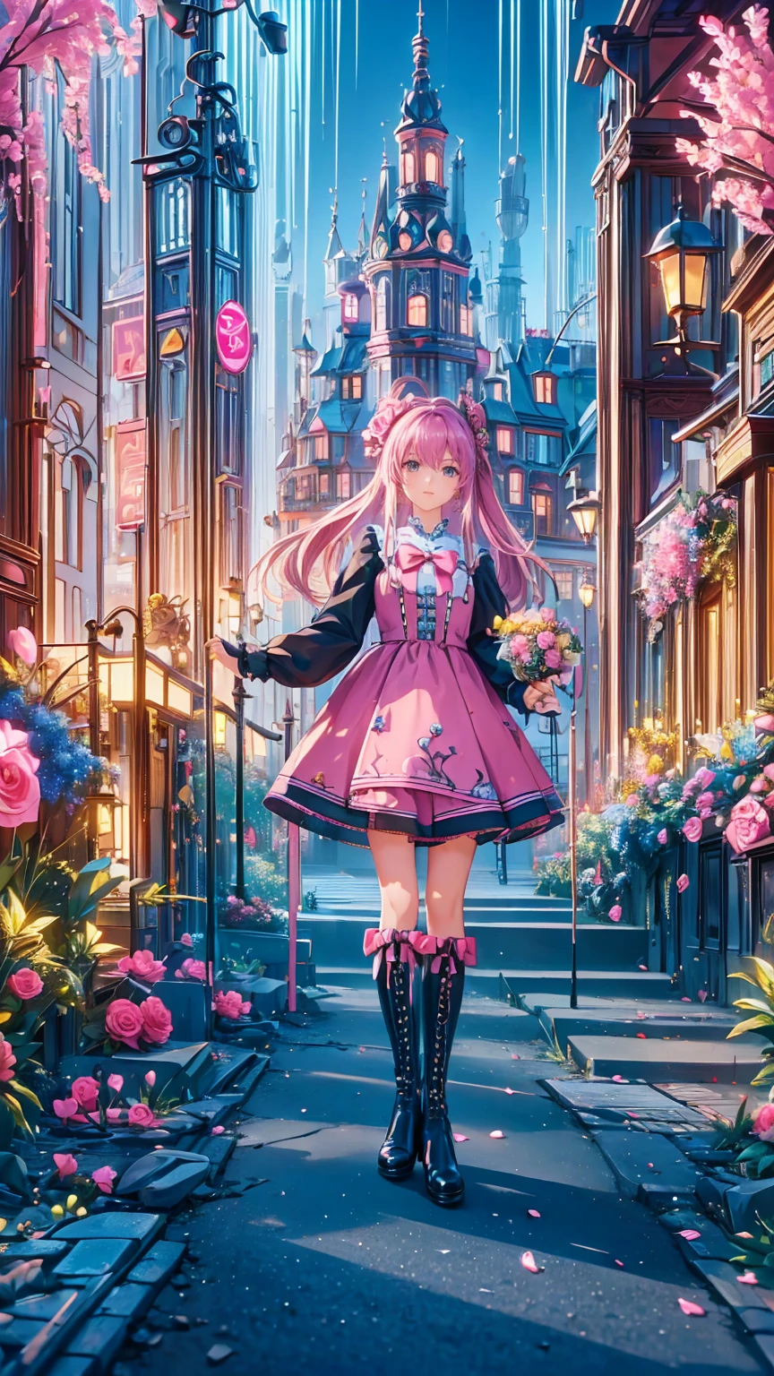 ( masterpiece : 1.2), (  very detailed: 1.2), (  very detailed CG: 1.2), (  high image quality: 1.2), (最  high image quality), 8k,  animated illustration  , 、  beautiful girl 、とても  cute天使、  pink gothic dress 、  cute、baby face、smile、  long skirt、  Black Long Boots  、  grey pink pants ，Turquoise Eye，  cute女性 *****，street，  Candy Store  ， sign，European Buildings，slate paved  ，Rose flower，
