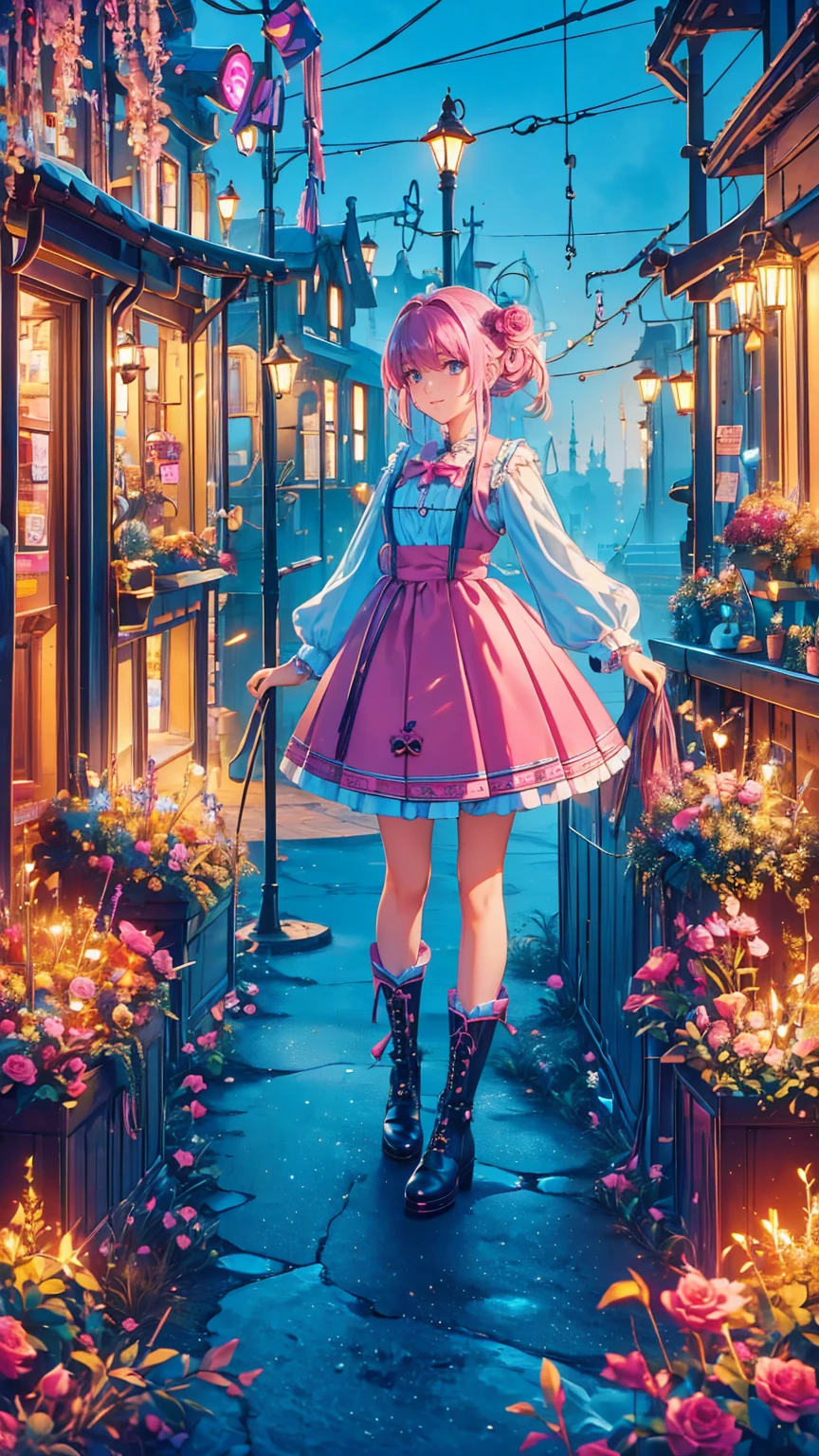 ( masterpiece : 1.2), (  very detailed: 1.2), (  very detailed CG: 1.2), (  high image quality: 1.2), (最  high image quality), 8k,  animated illustration  , 、  beautiful girl 、とても  cute天使、  pink gothic dress 、  cute、*********、smile、  long skirt、  Black Long Boots  、  grey pink pants ，Turquoise Eye，  cute女性 *****，street，  Candy Store  ， sign，European Buildings，slate paved  ，Rose flower，
