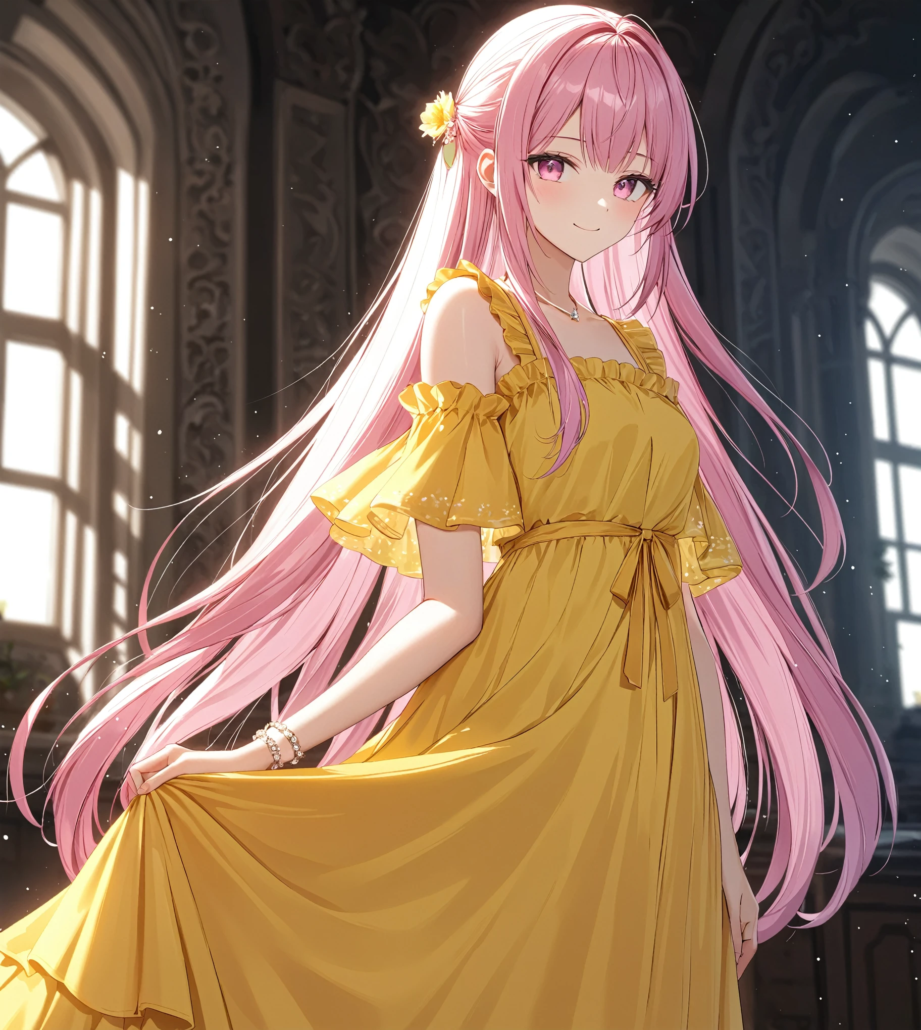 1girl, solo, Pink Shine Bright Hair, hair between eyes, Long hair, twintails, aesthetic detailed eyes, (Pink shiny Bright Eyes), bright pink eyes, (pale cheeks), (skin colored cheeks), Mesmerise, Little smile, closed mouth, (half body, cowboy shot), BREAK
(yellow summer dress, yellow coloured dress, long dress), BREAK
(indoors, standing near the window, from side), BREAK
HDR, 8K, masterpiece, best quality, amazing quality, very aesthetic, high resolution, ultra-detailed, absurdres, newest, scenery,
masterpiece, scenery, aesthetic detailed background, best quality, game cg aesthetics, sharp focus, sharp details, beautiful detailed eyes, detailed skin, detailed hair, light particles, photo background, depth of field,
(masterpiece), best quality, ultra-detailed, 1024k UHD wallpaper, ultra-high resolution, depth of field, HDR, Ray tracing, RTX, high saturation, photon mapping, best texture quality, best compotitions, (extremely detailed CG 1024k wallpaper), High Details, Detailed face, Detailed Clothes, Ultra HD Photo, Perfect Face, expressive eyes, pale cheeks