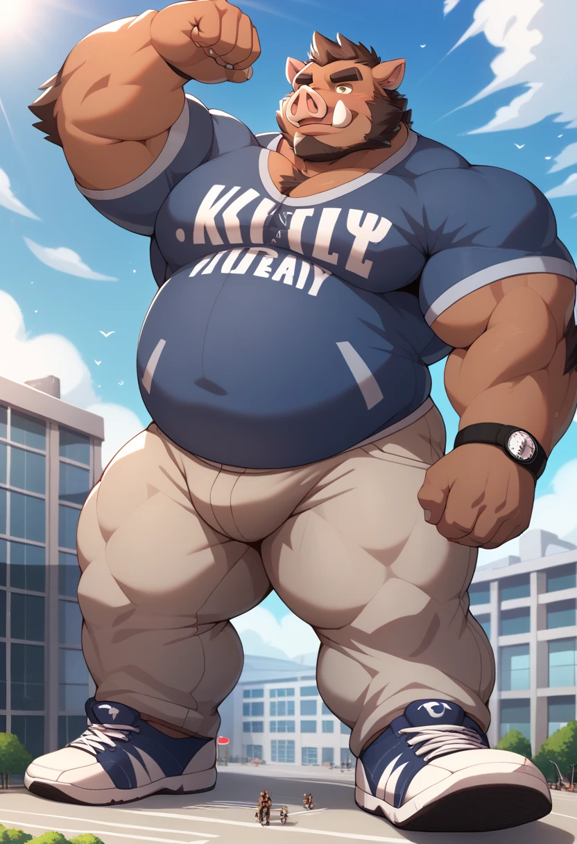 Scribble boar face,furry(boar), chubby, big large chubby, big large musclegut, big strong muscle,( black eyebrows :1.1),(perfect eyes), brown fur，alone,（artist:takemoto arashi),（jock:1.3）， standing, Sneakers，（ Black beard :1.3），（Civil :1.3, hoody, pants) boar(Massiv:3.0, ( heavyweight , strong,Macro, Emphasize, stands next to buildings,)), background((university campus)),