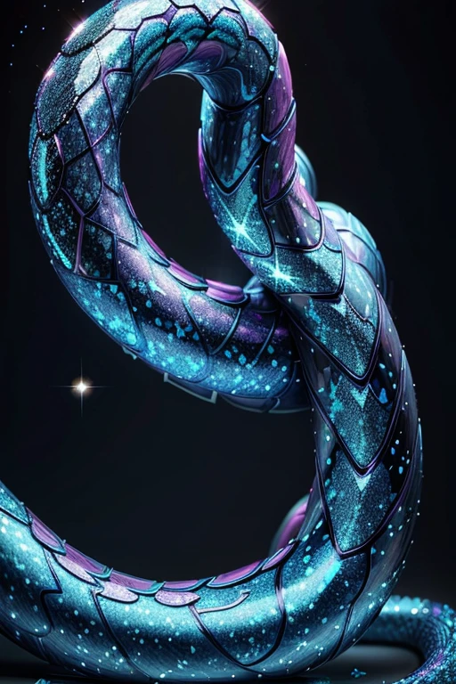 Blue Glitter Snake, light blue glitter side profile, overall display, its skin is pink glitter. The image is filled with intricate patterns and blue glitter outlines, all in blue. The snake's eyes are bright and sharp. The images are rich in detail and high resolution, exuding elegance and classic beauty. Gradient background 