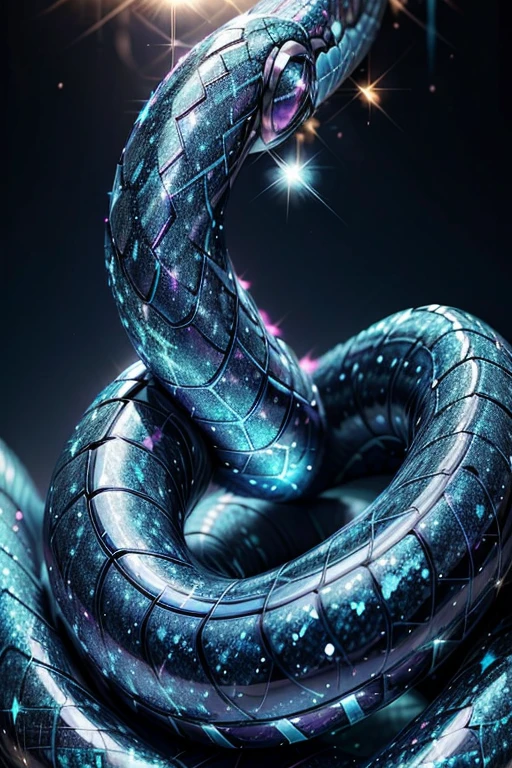 Blue Glitter Snake, light blue glitter side profile, overall display, its skin is pink glitter. The image is filled with intricate patterns and blue glitter outlines, all in blue. The snake's eyes are bright and sharp. The images are rich in detail and high resolution, exuding elegance and classic beauty. Gradient background 