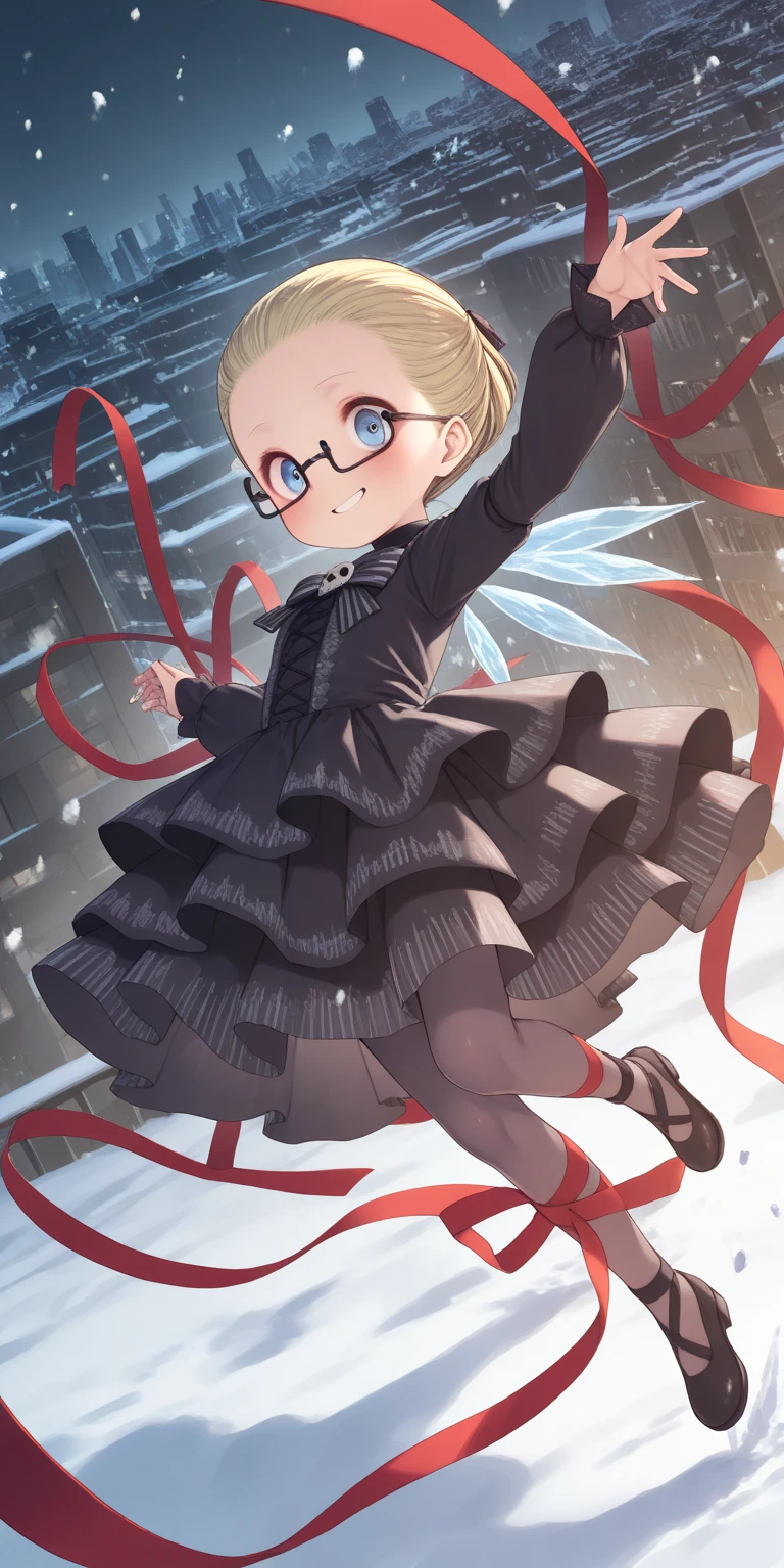 solo,1girl\(skinny,flat chest, short height,shiny skin, (short hair) (Slicked back hair:1.3),Beautiful (blonde:1.3) hair, (shiny blue eyes),detailed pupils,(black glasses\(brand\(nodoka\),square shape glasses\):1.3), blue eyeshadow, thin eyebrows, thick black eyeliner, shiny eyes, long eyelash, cute, (upturned eyes:1.3),big eyes, (shiny short gothic-lolita dress\((very tight:1.2),(many ribbon) \):1.5), (evil smile:1.2), (dancing in sky), (flying in air:1.4),(body floating in air:1.4), full body, dynamic pose\). BREAK .background\(((skull shaped:1.2) moon),(ice fairy:1.3), (snow falling:1.5),,music notes,\),(cityscape:1.3),(dynamic angle:1.4),(from below:1.3),longshot,wide shot