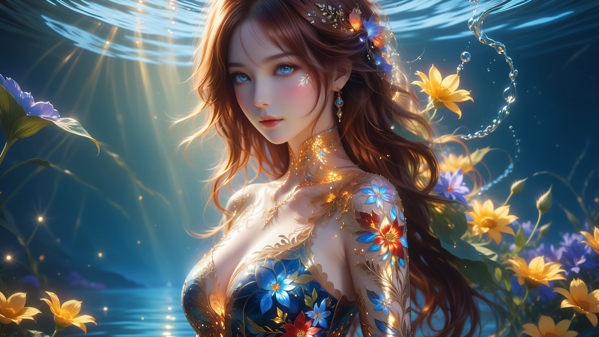 A Masterpiece In 32K Resolution, Supreme Quality, Super Detail, Official Art, Very High-Resolution 32K Wallpaper, Exquisite And Aesthetic, Ultra-Detailed Features, Awe-Inspiring Detail. A Mystical Landscape With Vibrant Flowers, Dancing Shadows, And Skin With A Soft, Velvet Sheen Highlight Her Slim Neck. A Girl With A Mysterious Expression, Highlighting Her Ample Breasts, Flowing Auburn Hair, Slightly Tousled But Majestic, And Hazel Eyes That Seem To Pierce Through The Soul. Her Features Are Delicate And Alluring, Lit By Golden Hour Light. Beautifully Detailed Beauty, With Subtle Shifts In Expression, Surrounded By An Otherworldly Aura. The Reflections On The Water Echo The Fine Details Of The Surroundings, With A Timeless Face Captured To Perfection. This Is An Ultra-Detailed Painting Of A Strikingly Delicate Figure, Showcasing An Ethereal Charm That Captivates The Viewer.