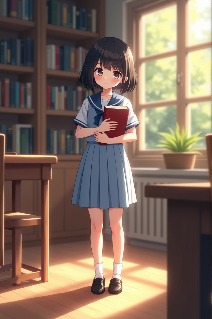 A young student in school hall with books