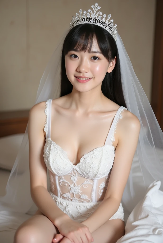 (best quality, masterpiece:1.2), (realistic:1.3), (ultra-detailed background, detailed background), bokeh, highly detailed eyes, double eyelid, ((small breastantabulistic taut cleavage)), ((spread breast)), ((sexy obscene)), (large pretty areolae:1.2), frilled see-through dress, (lace-trimmed see-through white dress:1.4), bridal tiaras, gorgeous parchment see-through wedding dress, luxury see-through wedding dress, classic see-through wedding dress, show, bridal veil, bridal gauntlets, bridal cascading bouquet, upper body, wedding at church, from above, the skirt spreads round and wide, highly detailed eyes, double eyelid, (smiling adorable beauty:1.3), 1girl, cute, teenage, posing, smiling, dynamic angle, dynamic pose, (((no panties))), (((no bra))), short hair,