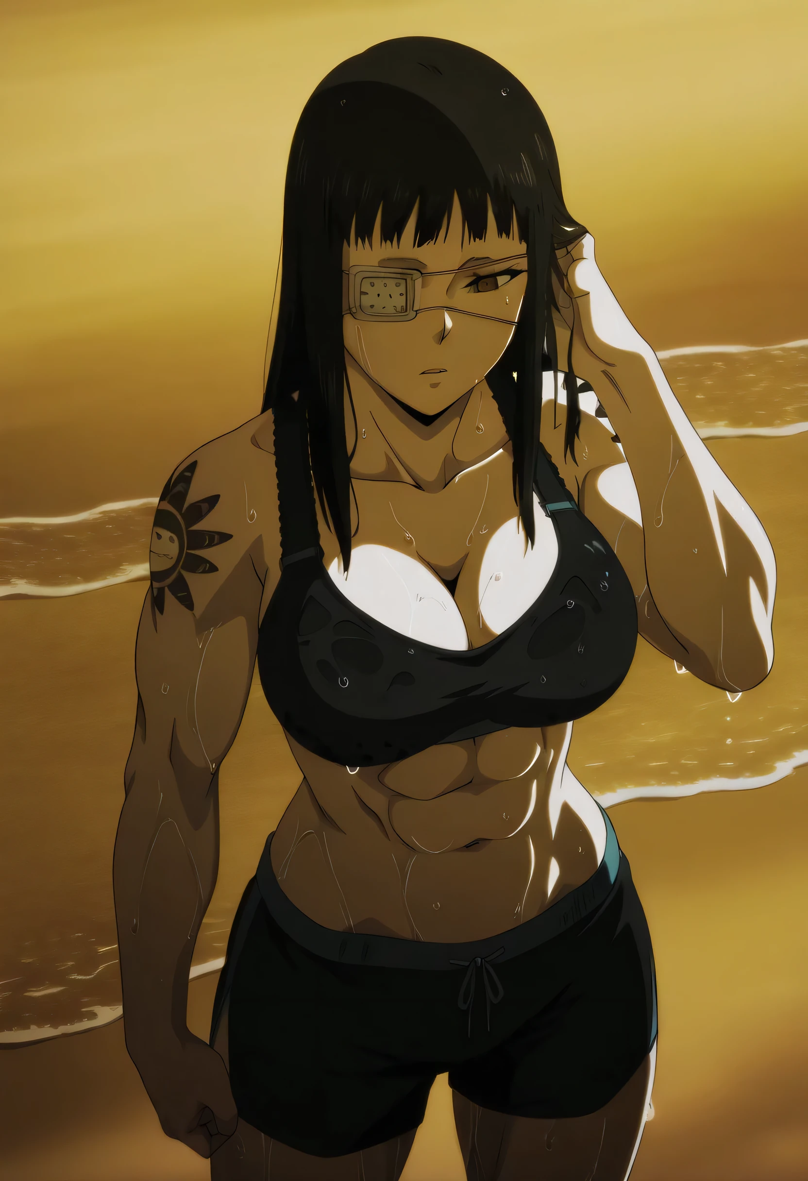 1girl,solo,mm,mature female,black hair,eyepatch,brown eyes,large breasts,anime coloring,long hair,
muscular,black sport bra and black sport shorts,cowboy shot, hand in own hair, wet,beach, tattoo,
,masterpiece,best quality,amazing quality,having a penis inside shorts,penis growth inside shorts