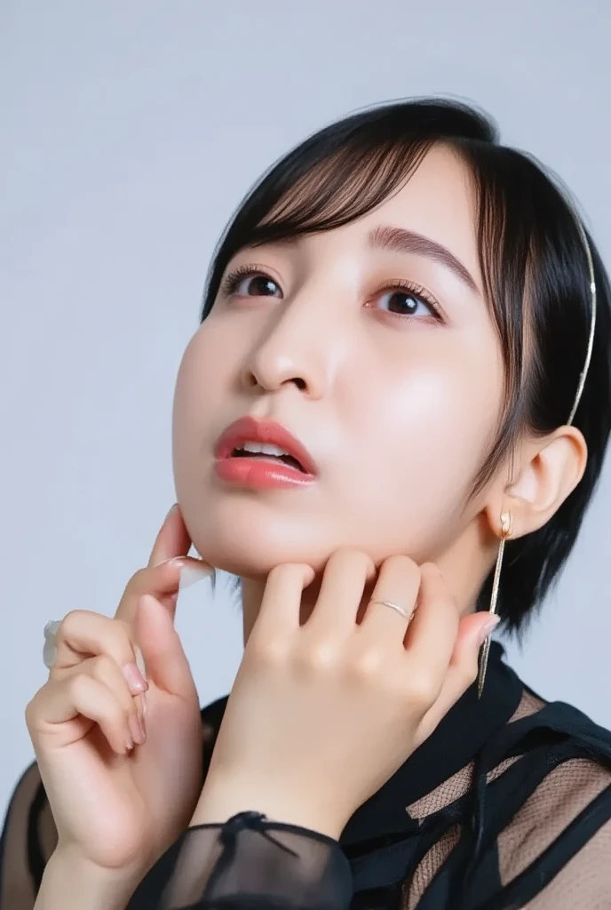 masterpiece, 最high quality,16k,8K,beautiful,get used to it,exquisite,extremely get used to it, finely get used to it, high quality, insanely get used to it, ultra get used to it, ultra high resolution, 超high quality, beautiful face, Japanese, NSFW,Picture of a woman's face 、( sharp focus ), From below, ( please kneel and look upward:1.10), ((Open your mouth:1.6)), ( (Ultra-detailed beautiful faces:1.10), (Ultra-detailed beautiful slim body:1.9), 21 years old, ( Super Detailed Beautiful Japanese Beauty Female Idols:1.7), ( troubled face:1.3), Woman in the center of the image, break, photorealistic, hyperrealism, portrait of young adorable Japanese face, Japanese facial features, Young and Cute Skinny Oriental Faces, Bust Up Shot, 21 years old idol with a cute face, beautiful Japanese girl's face , Japanese facial features, she has a lovely look , ( Wearing black pantyhose,She is wearing tight thin fitting transparent black long sleeve turtleneck, ),half-open eyes