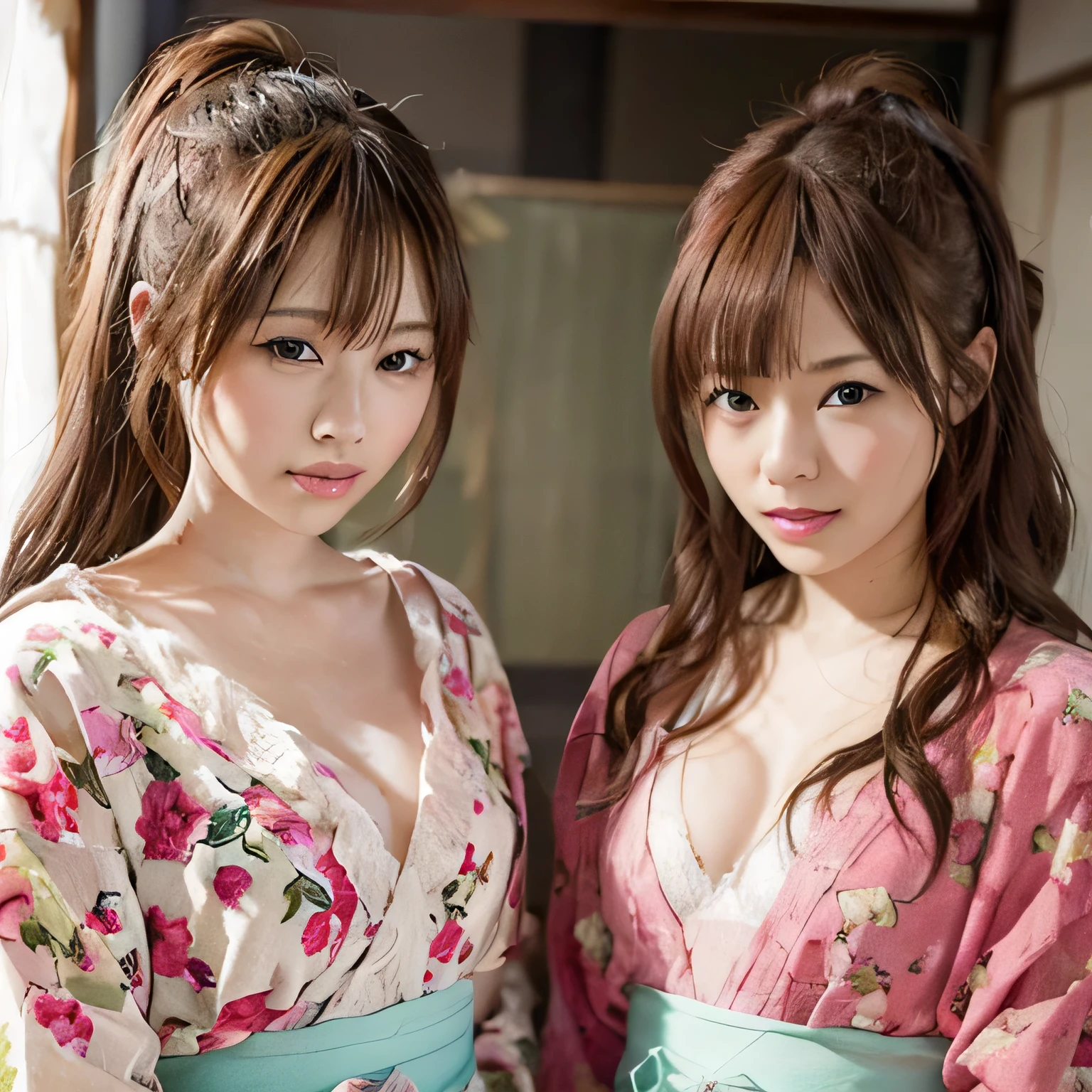 (8K、best-quality、Master Pea:1.2)、(Hair、_style)、(Real、photo-realistic:1.37)、best-quality、Master Pea、A simple studio room with natural light、[big boobs]、[large-breasted]、cleavage of breast、Bring your chest together with your hands、Two models with different atmospheres、Position one of the two in a well-balanced perspective、1 photo、High Balance、From the waist up、Camera angle with background facing up、Hands holding hair to ears、Hair styling and summer yukata style to match the trend of 2023、Three years for two Japan、Real、Real、Super Detail、Beautiful facial features、20 generations、Actress、Half-Japanese and Russian models、Elaborate CG、Slender、charming、熟女、Long model and bob model for 3 years Japan、Hair fluttering in the wind、Delicate skin type、Hair with fine details and softness、The model's hair color is slightly lighter and softer、Gloss makeup、Yukata has a cute impression with gentle colors