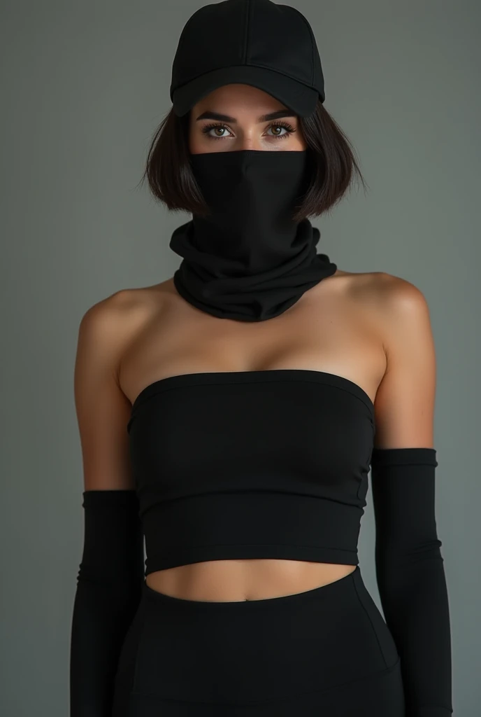 （lifelike， high - resolution：1.3），full body , 1 girl with a perfect body， Super fine face and eyes，slong hair，ninja midriff of black colors：1.2， black shiny leggings，face veil,   big boob，Expose cleavage, ninja pose.