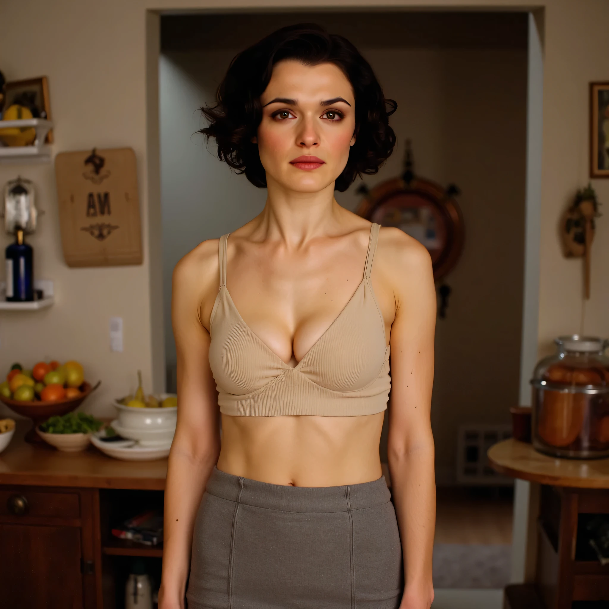 Rachel weisz, short black hair, cute actress, brown eyes, beautiful face, supermodel face, amazing eyes, (beige bra, grey pencil skirt), ((sad expression on face, emotional)), inside a kitchen, cooking food, realistic image, photoshoot, perfect photograph, enhanced details, standing straight