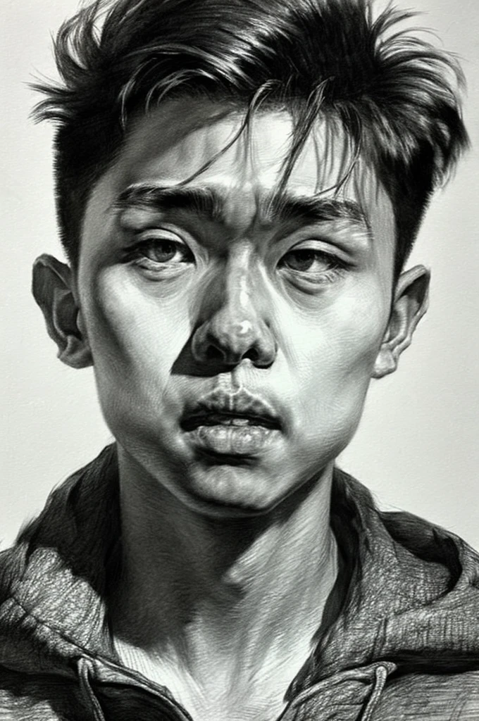 portrait sketch, graphite (medium), sketch, master portrait works, ((1boy, solo)), Chinese, 17-years-old, cute boy, look at viewer, emotional expressions,