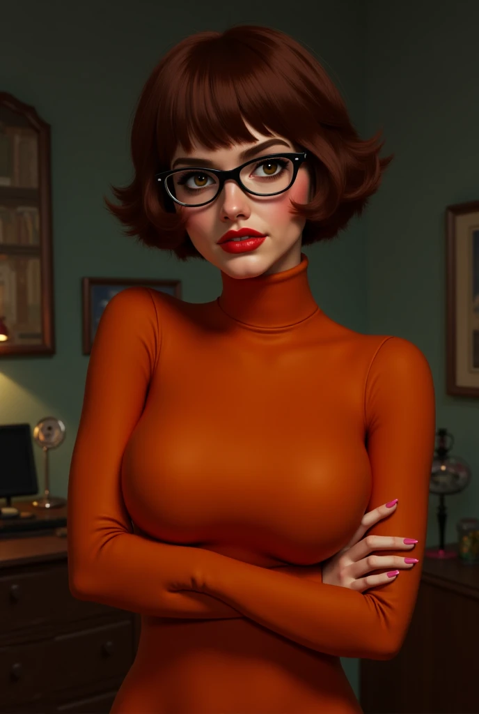 masterpiece,best quality, highly detailed, score_9, score_8_up, score_7_up, score_6_up,source anime,BREAK
 velma,1girl, glasses, solo, brown hair, brown eyes, freckles, ((large breasts)), lips, smile, short hair, looking at viewer, bangs, parted lips, ((naked)), full body, muscular, ((sitting on dildo)), ((deep anal penetration)), ((small stomach bulge))