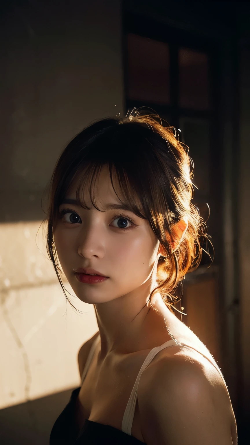 Best quality, masterpiece, ultra high res, (photorealistic:1.5), raw photo, 1girl, off shoulder, bra only ,  in the dark, deep shadow, low key, cold light, sexy look, short hair