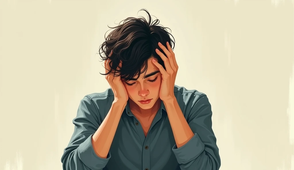 Teenage boy holding his head, using 2 hands, being frustrated, detail, best quality, as if many problems are coming, This picture seems to depict how devastated the man is., in front of him there is a cigarette, liquor, along with a cigarette ashtray whose contents were scattered, her head was lowered downwards while crying