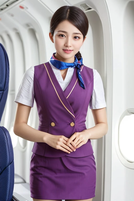  like an idol , long hair , straight hair , Round face , bust up , ( top quality ,4K, high res), ULTRA DETAIL, realistic, cosplay,  Stewardess Uniform, In-flight, (Crowded:1.5),  miniskirt, beautiful woman,(Big Breasted :1.5), brightly colored , Portrait, soft lighting on the body, Watch Viewers , close-up,