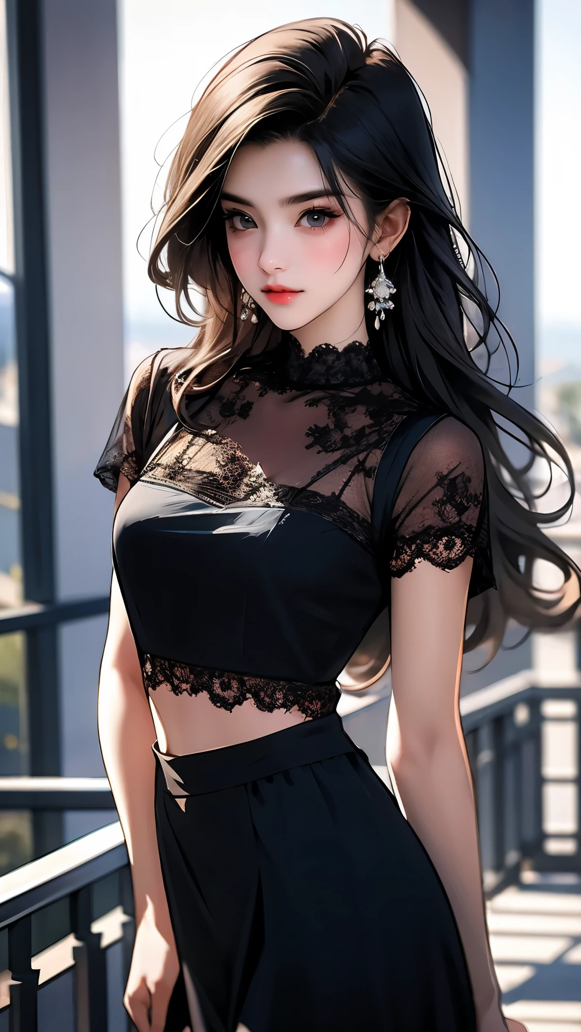 (( of the best quality, 8K, masterpiece: 1.3)),  1 girl, whole body, [Thin face, pretty Woman, (Black Hair),  super fine face,  meticulous eyes , Double eyelids,  blurry backgrounds , [Thin face, seaside, external, beach,(最 high quality, 8K, masterpiece: 1.3,  Ultra HD，Navel Tshirt ， shorts，super beautiful dress， background blur，Background illusion，Standing，  high quality, 最 high quality,  high resolution,  realism )) 、2 White women、Black Hair、 blue eyes 、 long hair、Smile 1.2、slim、 don't want my head off the screen.， Asymmetric Hairstyle(( asymmetrical hair )、Crystal Earrings((Crystal Earrings))、Gradient Hairstyle(( gradient hair))