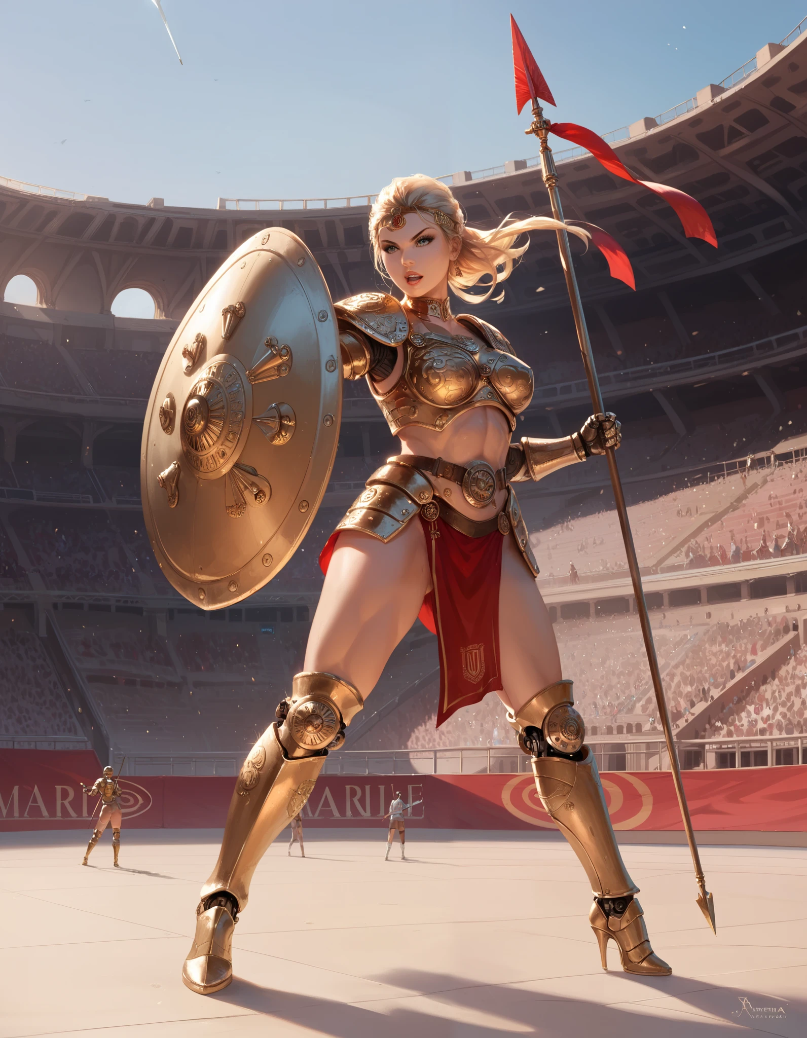 Ancient Rome, Colosseum, Robot Gladiator from the future, female, mechanical body, full body armor, (holding short spear in right hand), (holding small shield in left hand) (metal thigh high pumped stiletto boots), fighting