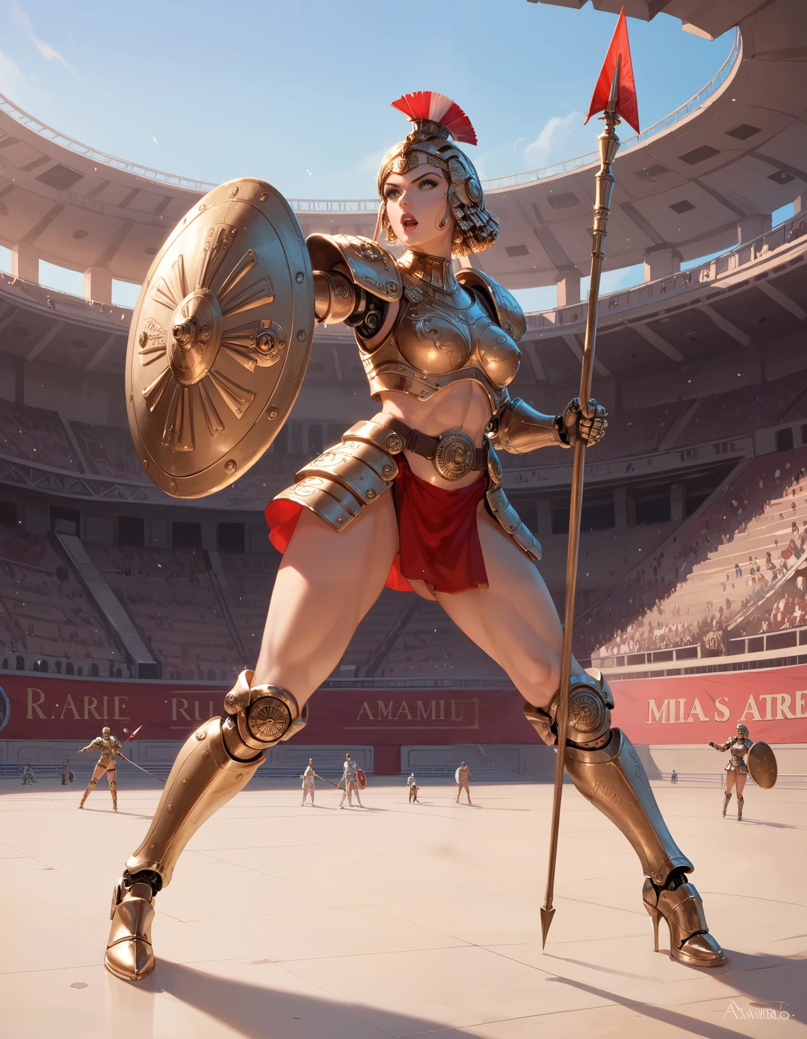 Ancient Rome, Colosseum, Robot Gladiator from the future, female, mechanical body, full body armor, (holding short spear in right hand), (holding small shield in left hand) (metal thigh high pumped stiletto boots), fighting