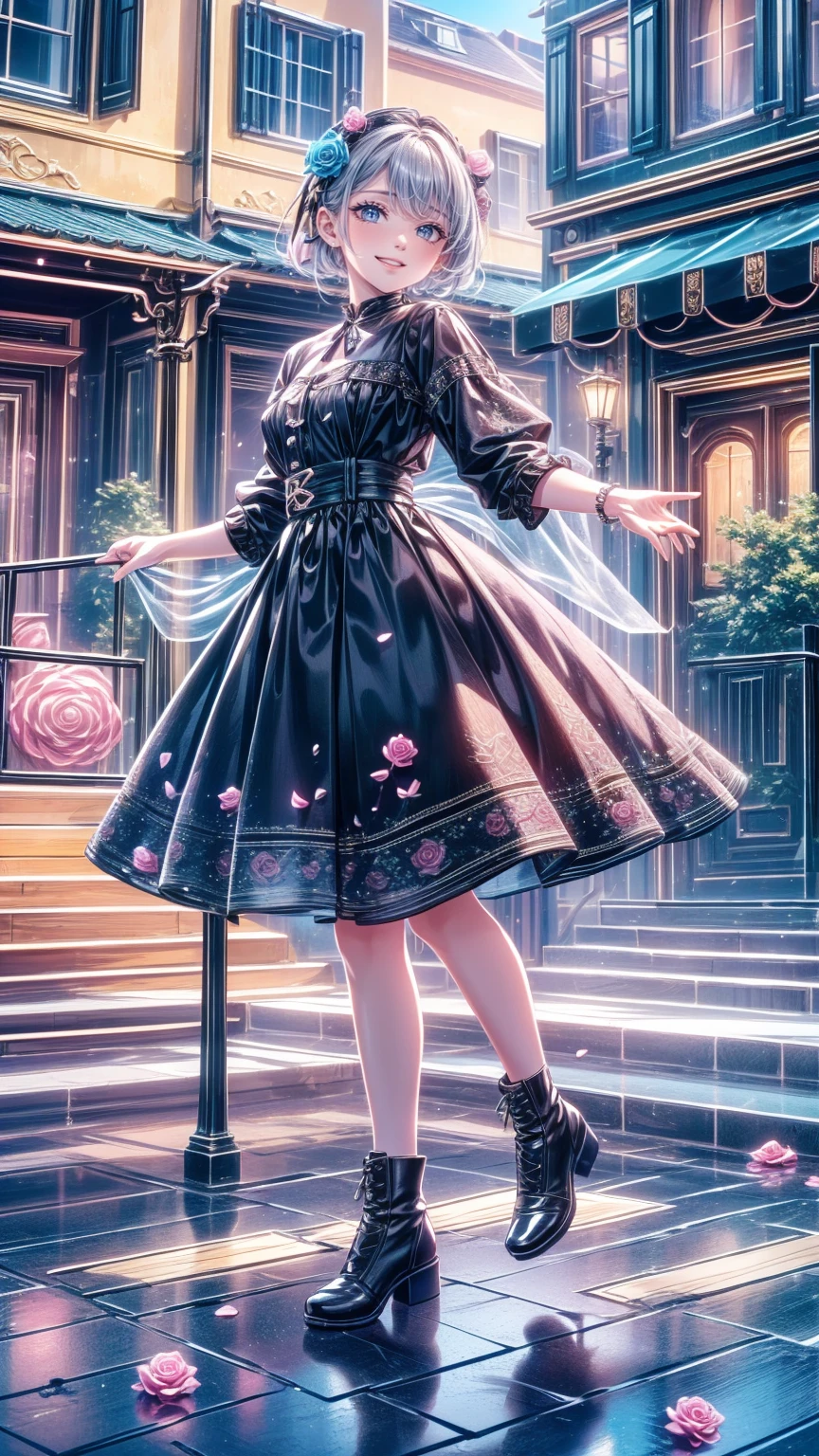 ( masterpiece : 1.2), (  very detailed: 1.2), (  very detailed CG: 1.2), (  high image quality: 1.2), (最  high image quality), 8k,  animated illustration  , 、  beautiful girl 、とても  cute天使、  pink gothic dress 、  cute、、smile、  long skirt、  Black Long Boots  、  grey pink pants ，Turquoise Eye，  cute女性 ，street，  Candy Store  ， sign，European Buildings，slate paved  ，Rose flower，
