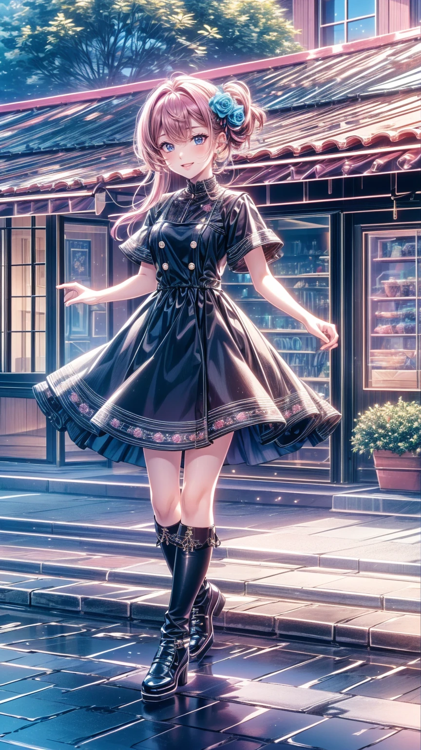 ( masterpiece : 1.2), (  very detailed: 1.2), (  very detailed CG: 1.2), (  high image quality: 1.2), (最  high image quality), 8k,  animated illustration  , 、  beautiful girl 、とても  cute天使、  pink gothic dress 、  cute、*********、smile、  long skirt、  Black Long Boots  、  grey pink pants ，Turquoise Eye，  cute女性 *****，street，  Candy Store  ， sign，European Buildings，slate paved  ，Rose flower，
