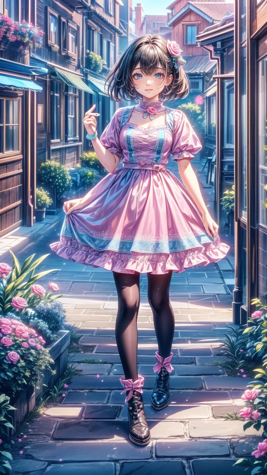 ( masterpiece : 1.2), (  very detailed: 1.2), (  very detailed CG: 1.2), (  high image quality: 1.2), (最  high image quality), 8k,  animated illustration  , 、  beautiful girl 、とても  cute天使、  pink gothic dress 、  cute、baby face、smile、  long skirt、  Black Long Boots  、  grey pink pants ，Turquoise Eye，  cute女性 *****，street，  Candy Store  ， sign，European Buildings，slate paved  ，Rose flower，
