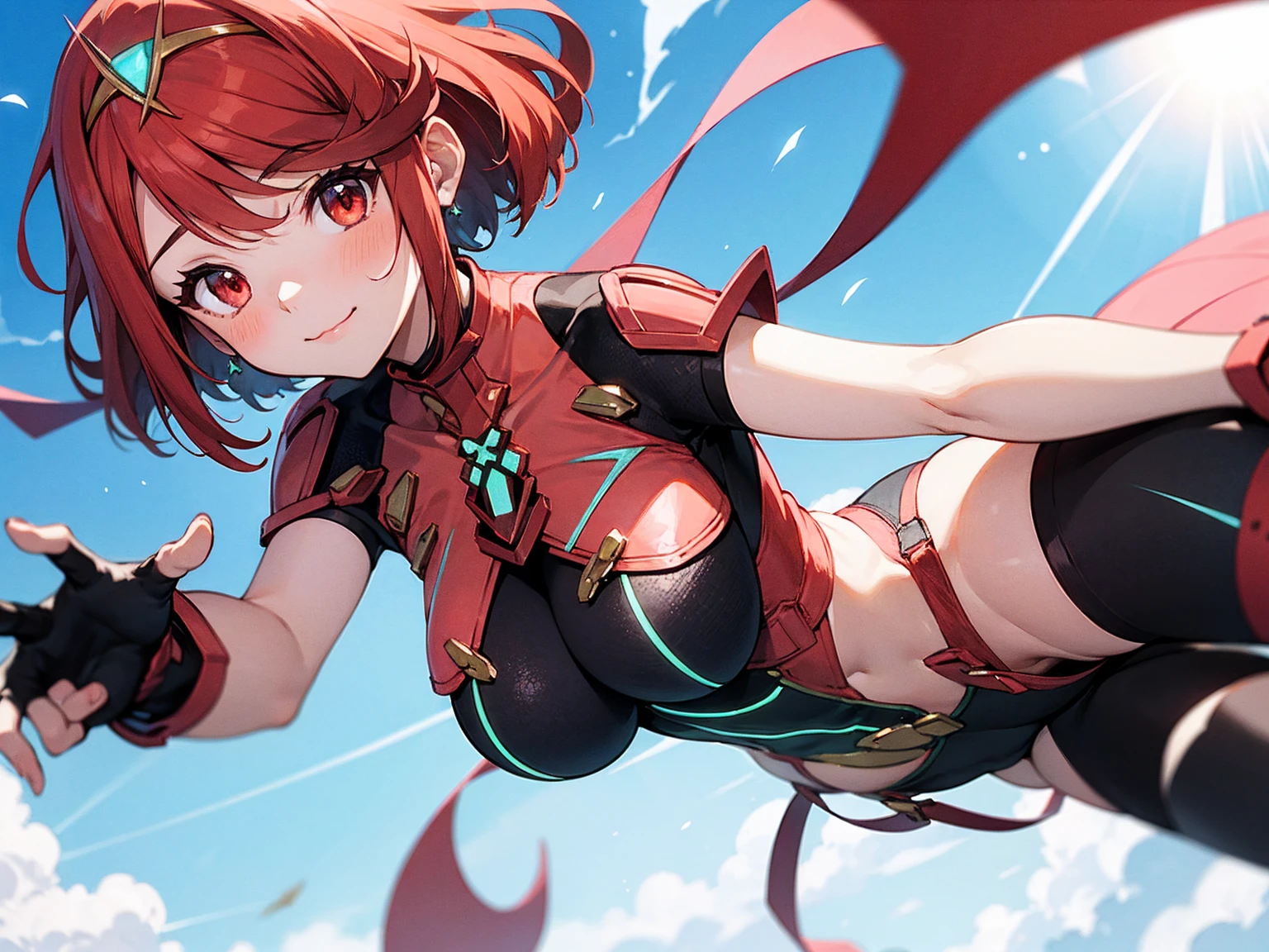 score_9, score_8_up, score_7_up, source_anime, rating_safe, BREAK pyra \(xenoblade\), 1girl, red hair, short hair, swept bangs, bob cut, red eyes, large breasts, tiara, earrings, chest jewel, backless outfit, bodysuit, covered navel, neon trim, clothing cutout, short sleeves, fingerless gloves, black gloves, short shorts, red footwear, thigh boots, fdutch angle, light smile, eye focus, closed mouth, looking at viewer, facing viewer, reaching towards viewer, outstretched arms, wind, floating hair, lightning, light particles, light rays, blue sky, cloud, sunlight, grassland_background ,lens flare,(plump:0.7),:3