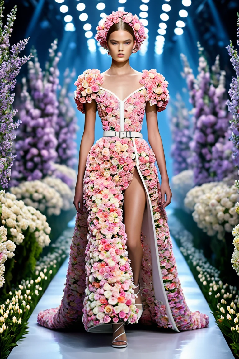 Girl model created from fresh flowers walking down the catwalk. Model's body is made of flowers. Image in full height. The atmosphere of magic. Futuristic style image in the style of dior fashion shows. 