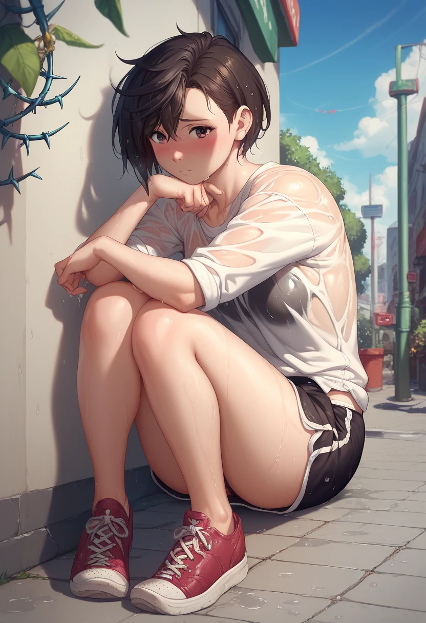 Momo Ayase(Dandandan) sit on sidewalk, Brown short hair, Thorn clothes, wet clothes, Shy, 