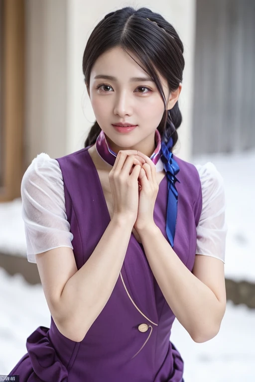  like an idol , long hair , straight hair , Round face , bust up ,  1 girl,  High quality face, Highly detailed facial skin,  outdoor, watching _in_viewer,  gray dress , silk, Alone, black hair, dark eyes,  snow background, (snow: 1.3),