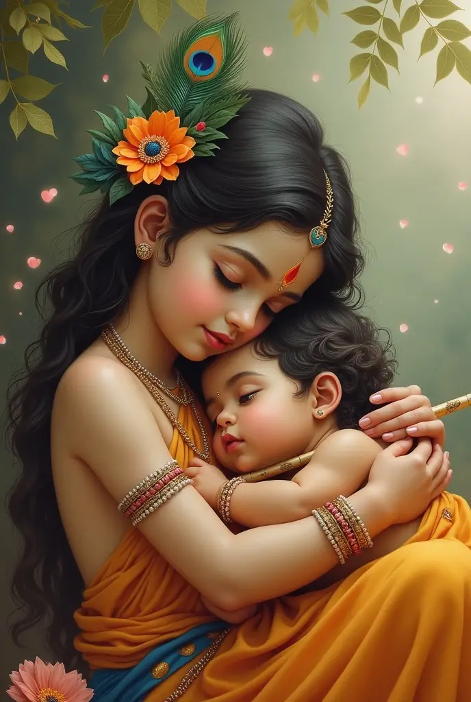 Lord Krishna in childhood Sleeping in the home on the mothers lap, but it seems like the whole universe comes in the home the planets moving around the krishna,the colour of krishna is blue and mothers skin colour is normal wearing red saree.