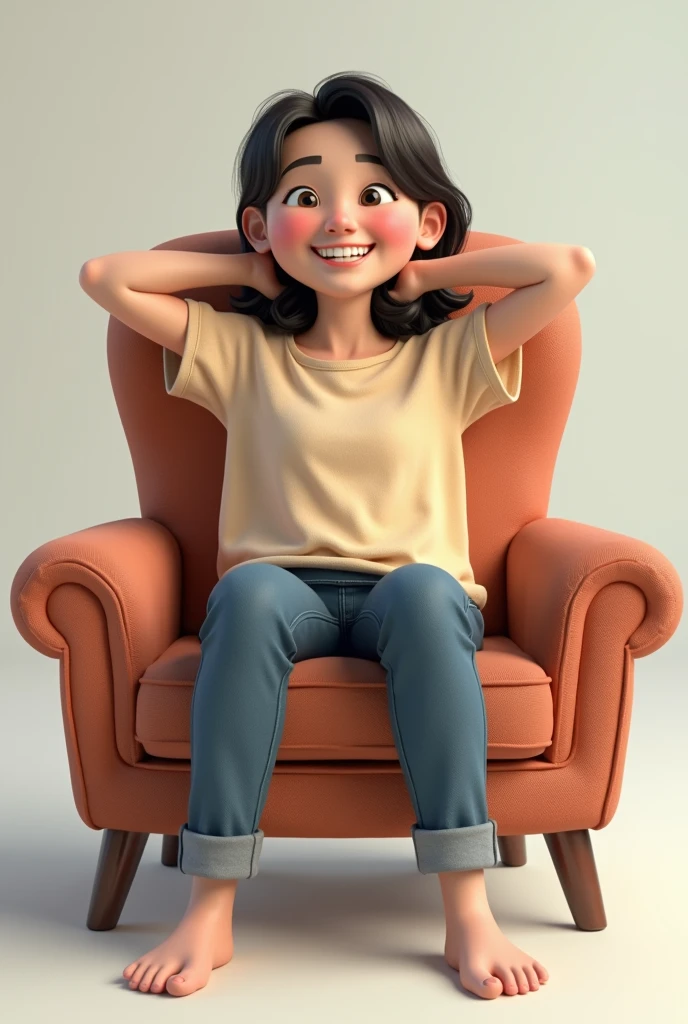 Sit with the back of the chair facing forward, Place your upper body on the back of a chair, Show your face and smile, open legs