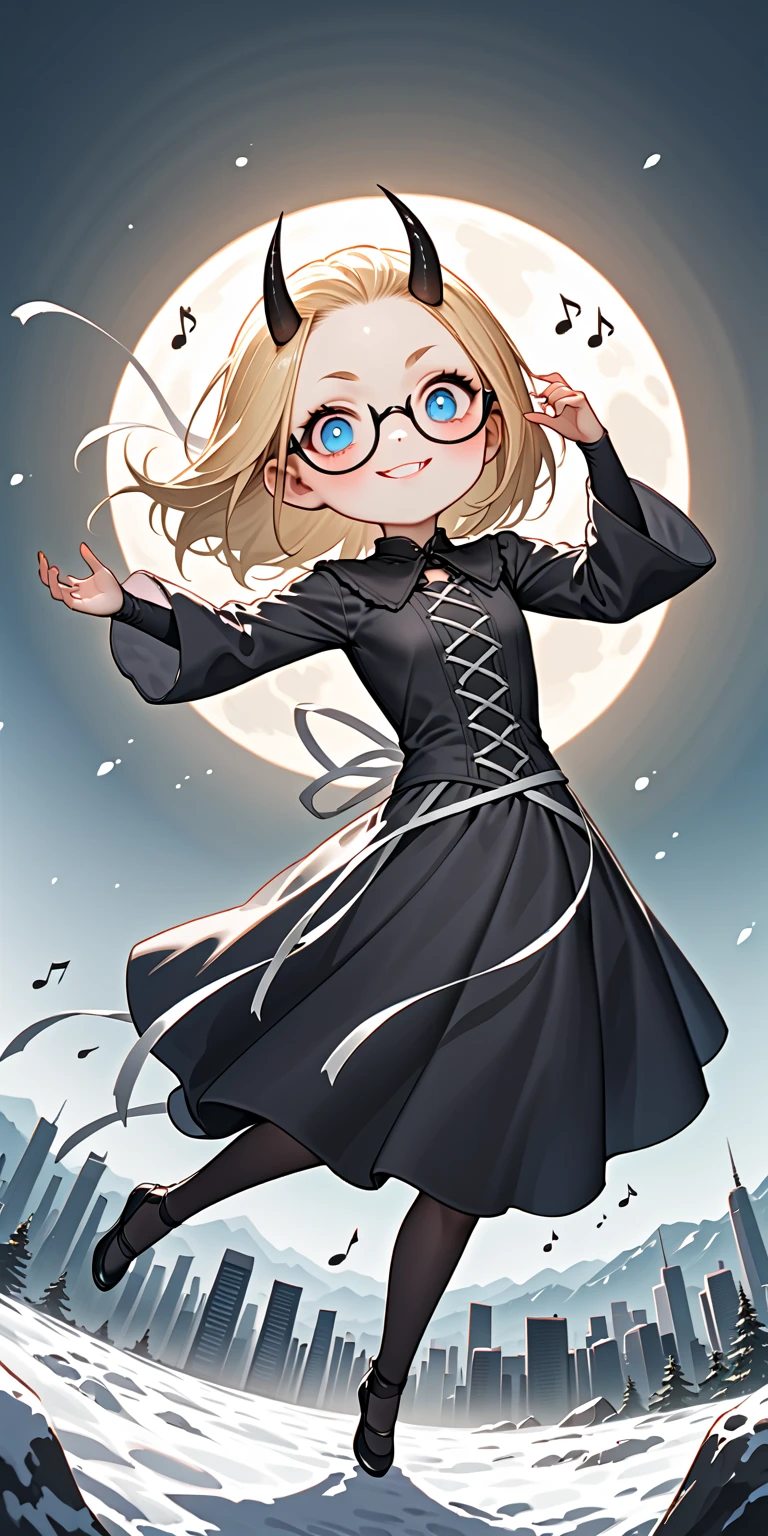 solo,1girl\(skinny,flat chest, short height,(shiny forehead),short (Slicked back hair:1.3),Beautiful (blonde:1.3) hair,horn, (shiny blue eyes),detailed pupils,(black glasses\(brand\(nodoka\),square shape glasses\):1.3), (blue eyeshadow), thin eyebrows, thick black eyeliner, shiny eyes, long eyelash, cute, (upturned eyes:1.3), (short gothic-lolita dress\((very tight:1.2),(many ribbon) \):1.5), (evil smile:1.2), (dancing in sky),music notes, (flying in air:1.3),(body floating in air:1.3), full body, dynamic pose\). BREAK .background\(((skull shaped:1.2) moon),(white ice fairy:1.3), (snow falling:1.5)\),(cityscape:1.3),(dynamic angle:1.4),from below. BREAK .quality\(8k,wallpaper of extremely detailed CG unit, high resolution, top-quality, top-quality real texture skin, hyper realistic, increase the resolution, RAW photos, best quality, highly detailed, the wallpaper, golden ratio, high saturation realism, vibrant colors, dramatic lighting, persuasive storytelling, atmospheric scenery, captivating visuals, intricate details, strong emotions, dreamlike world\)