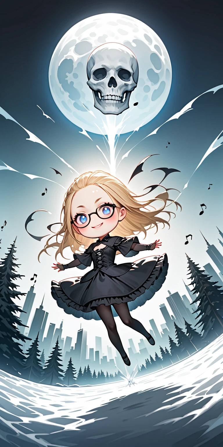 solo,1girl\(skinny,flat chest, short height,(shiny forehead),short (Slicked back hair:1.3),Beautiful (blonde:1.3) hair,horn, (shiny blue eyes),detailed pupils,(black glasses\(brand\(nodoka\),square shape glasses\):1.3), (blue eyeshadow), thin eyebrows, thick black eyeliner, shiny eyes, long eyelash, cute, (upturned eyes:1.3), (short gothic-lolita dress\((very tight:1.2),(many ribbon) \):1.5), (evil smile:1.2), (dancing in sky),music notes, (flying in air:1.3),(body floating in air:1.3), full body, dynamic pose\). BREAK .background\(((skull shaped:1.2) moon),(white ice fairy:1.3), (snow falling:1.5)\),(cityscape:1.3),(dynamic angle:1.4),from below. BREAK .quality\(8k,wallpaper of extremely detailed CG unit, high resolution, top-quality, top-quality real texture skin, hyper realistic, increase the resolution, RAW photos, best quality, highly detailed, the wallpaper, golden ratio, high saturation realism, vibrant colors, dramatic lighting, persuasive storytelling, atmospheric scenery, captivating visuals, intricate details, strong emotions, dreamlike world\)